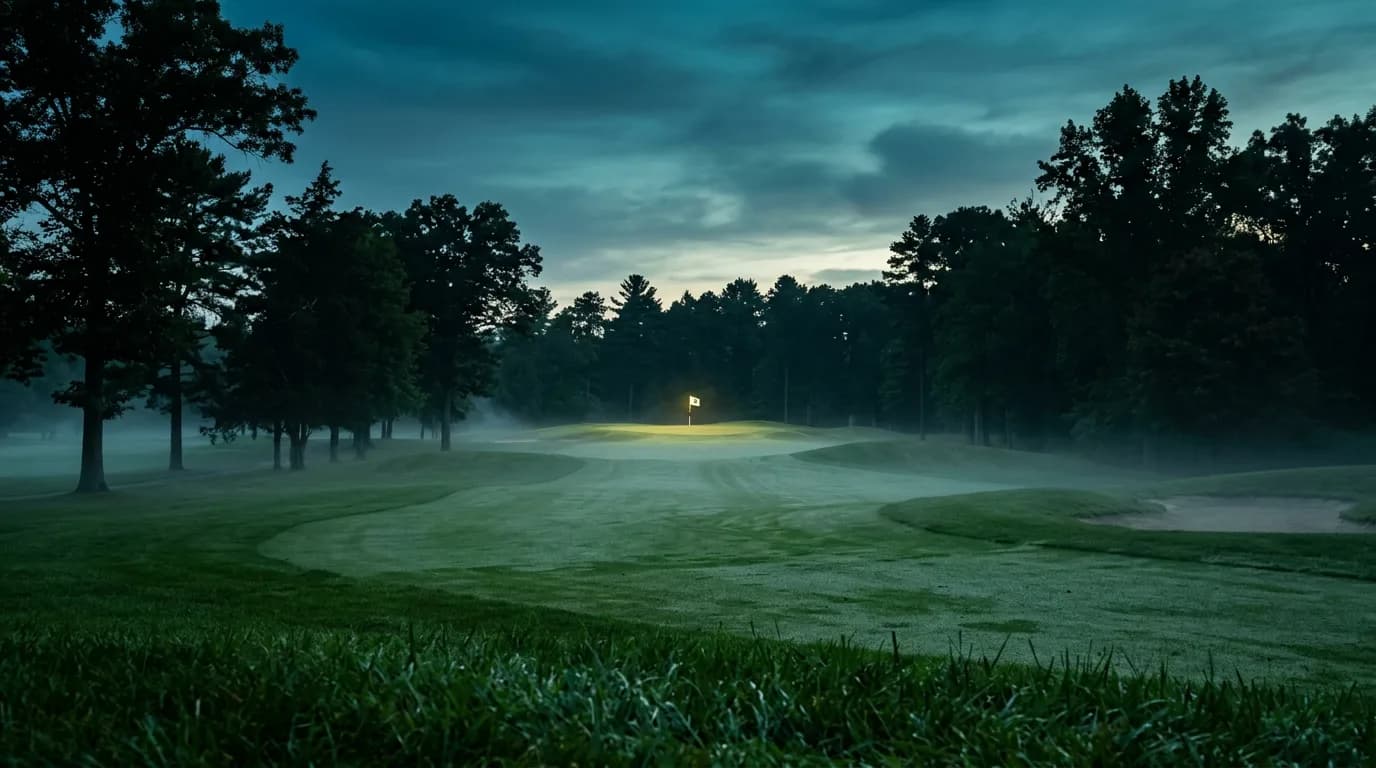 Misty golf course fairway at twilight