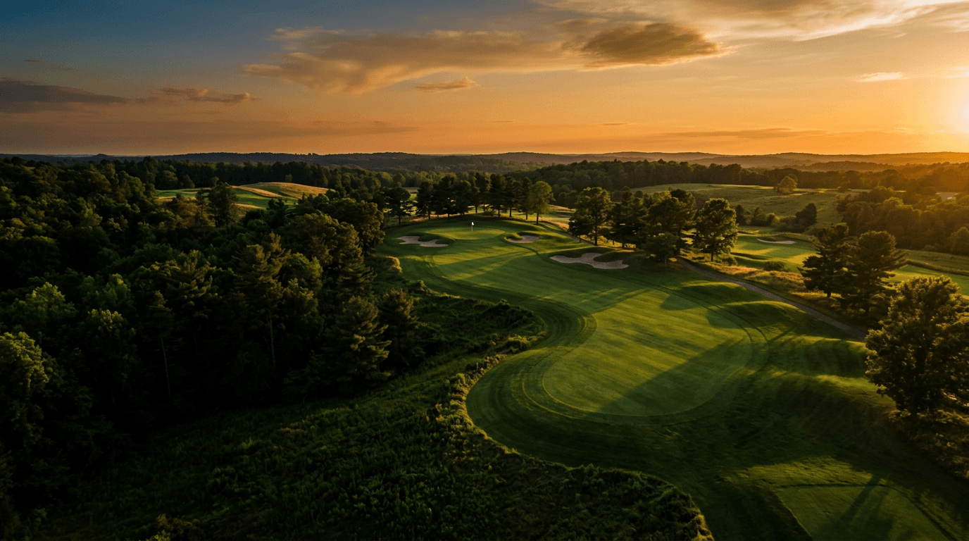 Aerial view of a golf course at golden hour