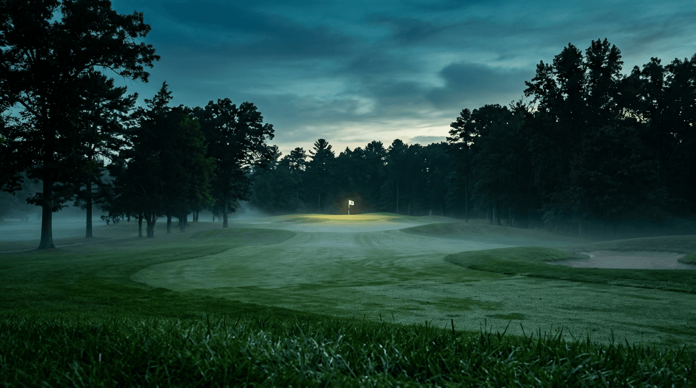 Misty golf course fairway at twilight
