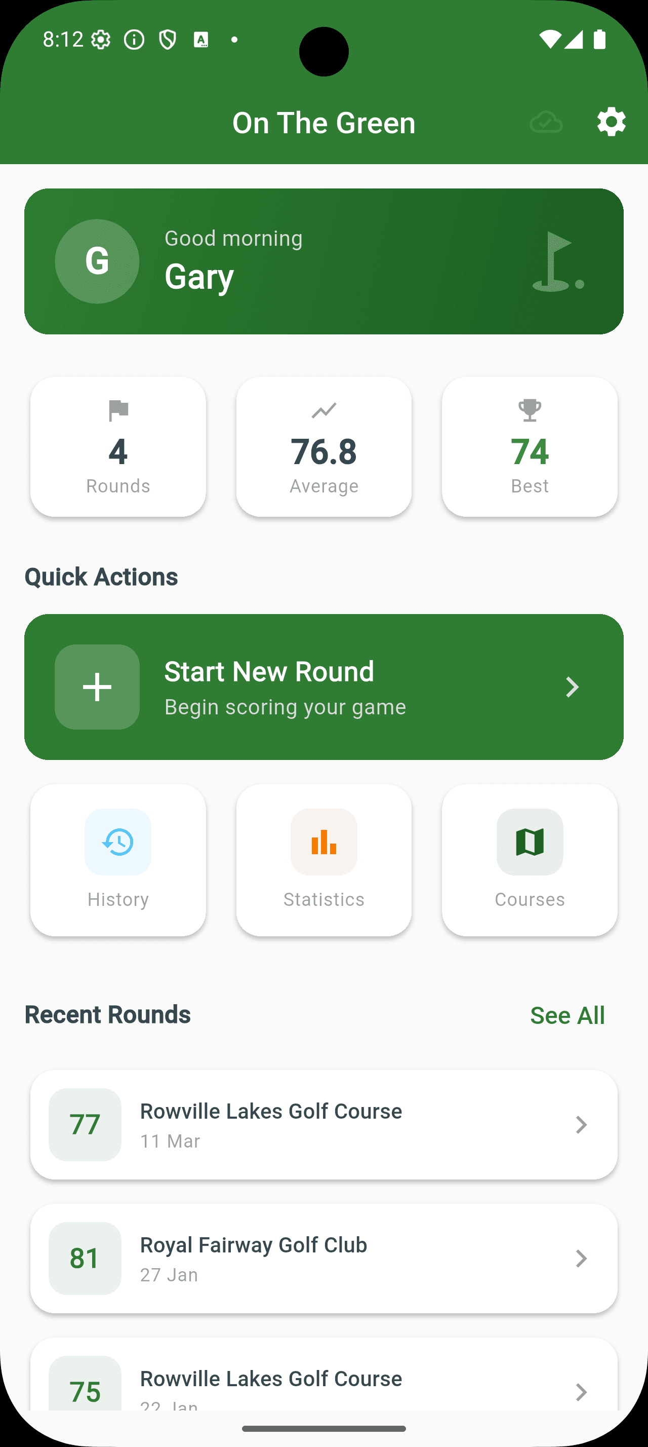 Home dashboard with stats and recent rounds