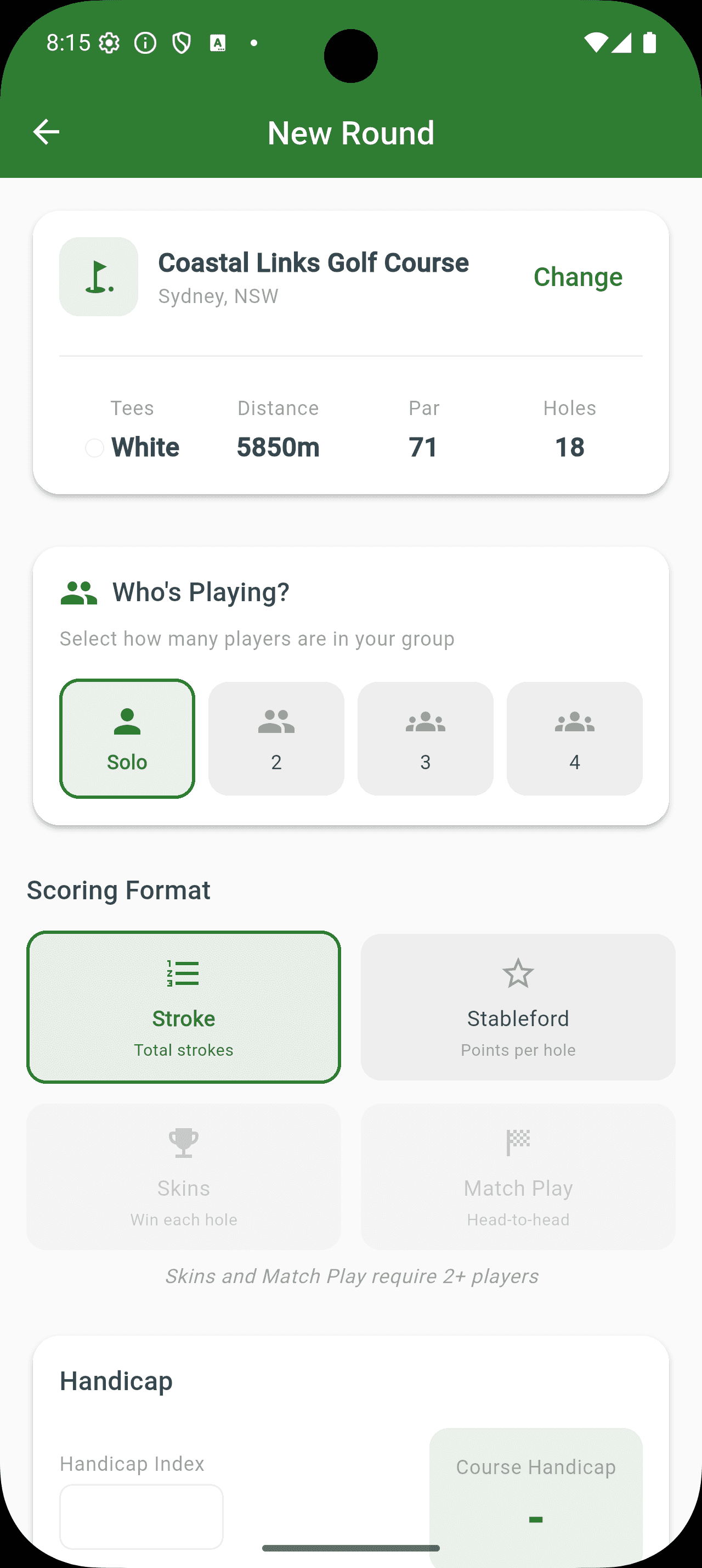 New round setup with course and format selection