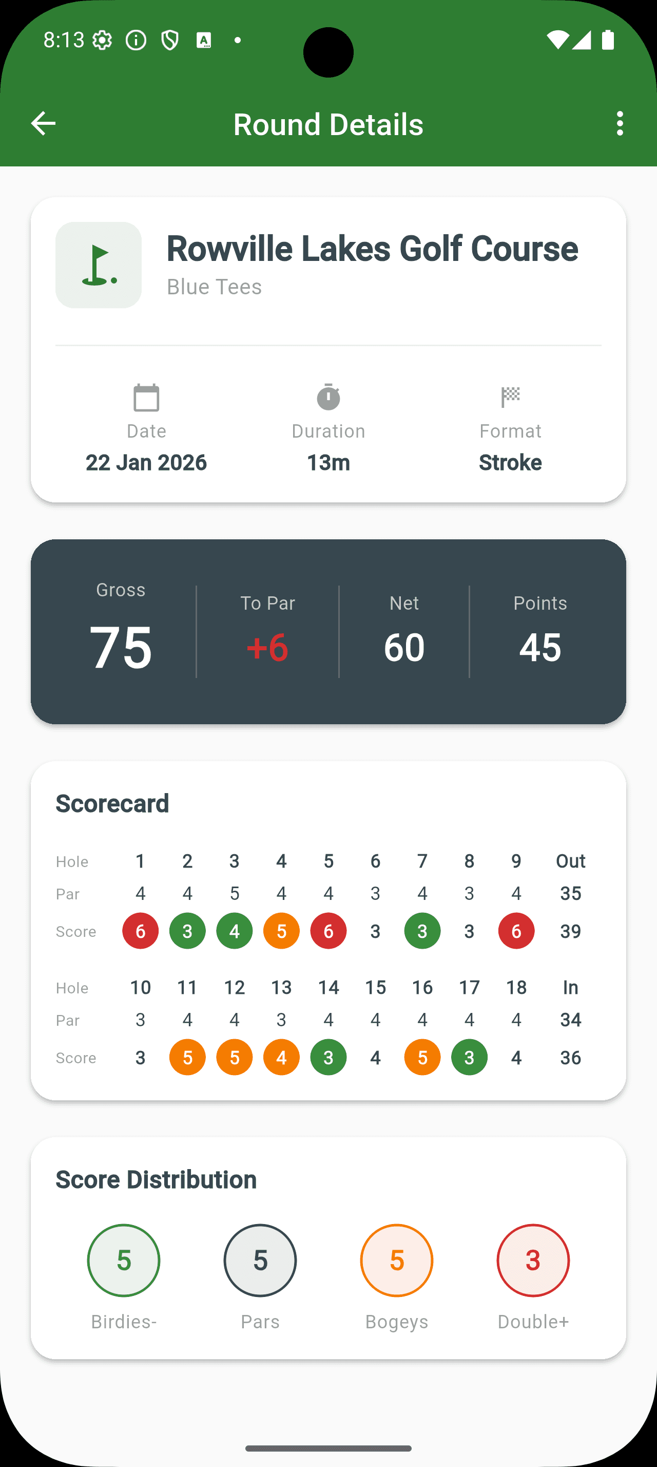 Round details and scorecard in On The Green app